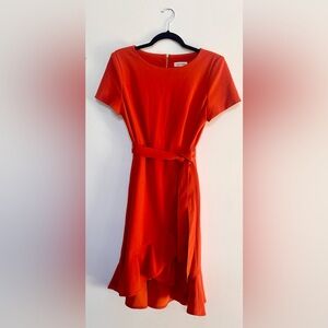 Calvin Klein Orange Belted Ruffle Hem Dress